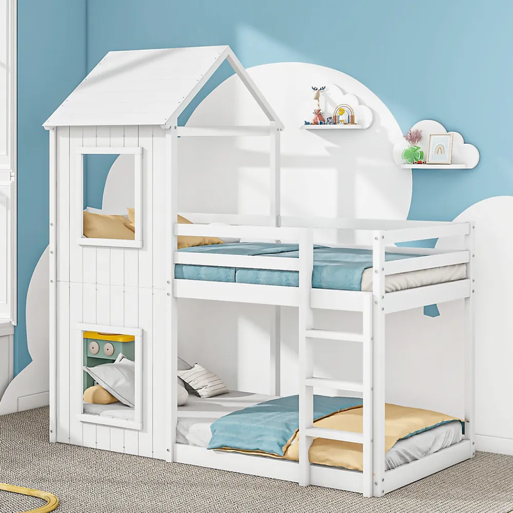 Okwish Lit Superposé 90x200 cm - Lit Cabane enfant avec Échelle et Baldaquin - Bois de Pin - Sans Matelas - Blanc*Enfant Lit Enfant