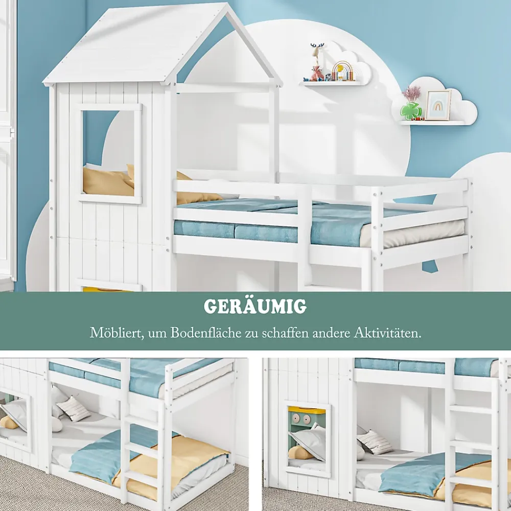 Okwish Lit Superposé 90x200 cm - Lit Cabane enfant avec Échelle et Baldaquin - Bois de Pin - Sans Matelas - Blanc*Enfant Lit Enfant