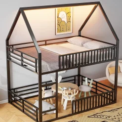 Okwish Lit superposé 140x200 cm - Lit double avec design cabane et barrières - Métal - Sans matelas - Noir*Enfant Lit Enfant