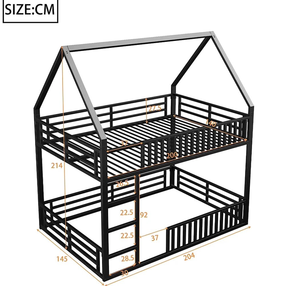 Okwish Lit superposé 140x200 cm - Lit double avec design cabane et barrières - Métal - Sans matelas - Noir*Enfant Lit Enfant