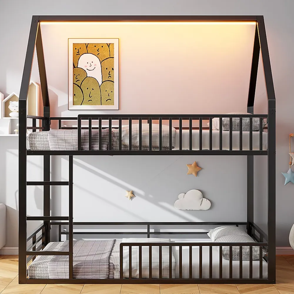 Okwish Lit superposé 140x200 cm - Lit double avec design cabane et barrières - Métal - Sans matelas - Noir*Enfant Lit Enfant