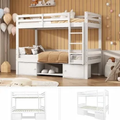 Okwish Lit superposé 90x200 cm - Lit enfant avec 2 tiroirs et porte chaussures - MDF + Pin - Sans matelas - Blanc*Enfant Lit Enfant