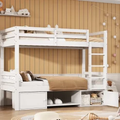 Okwish Lit superposé 90x200 cm - Lit enfant avec 2 tiroirs et porte chaussures - MDF + Pin - Sans matelas - Blanc*Enfant Lit Enfant