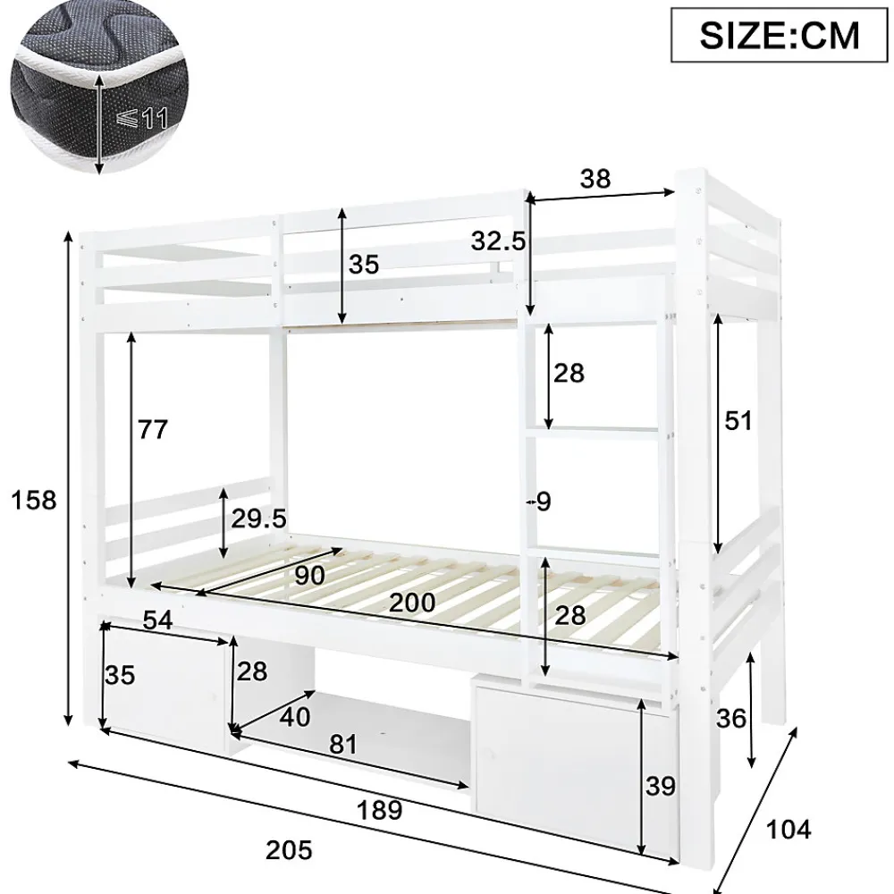 Okwish Lit superposé 90x200 cm - Lit enfant avec 2 tiroirs et porte chaussures - MDF + Pin - Sans matelas - Blanc*Enfant Lit Enfant