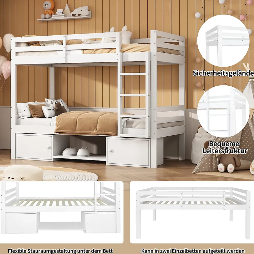 Okwish Lit superposé 90x200 cm - Lit enfant avec 2 tiroirs et porte chaussures - MDF + Pin - Sans matelas - Blanc*Enfant Lit Enfant