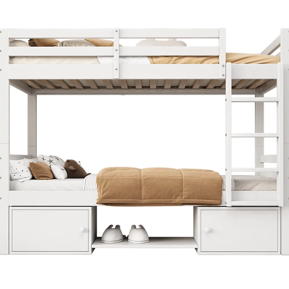 Okwish Lit superposé 90x200 cm - Lit enfant avec 2 tiroirs et porte chaussures - MDF + Pin - Sans matelas - Blanc*Enfant Lit Enfant