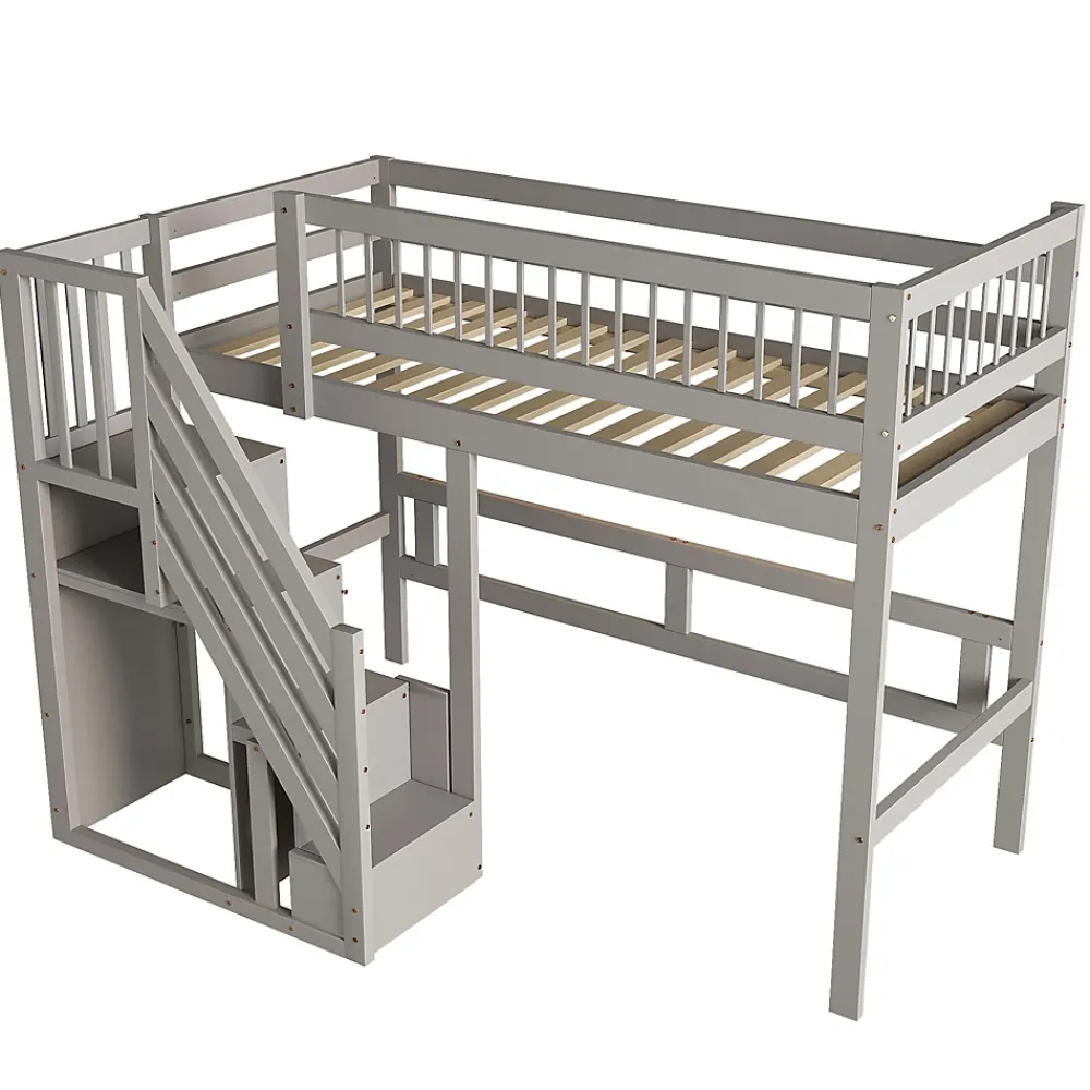 Okwish Lit Superposé 90x200 cm - Lit enfant avec Échelle et Rangement Intégré, Structure en Bois Massif, Sans Matelas - Gris*Enfant Lit Enfant