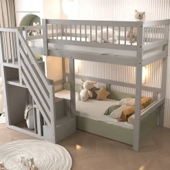 Okwish Lit Superposé 90x200 cm - Lit enfant avec Échelle et Rangement Intégré, Structure en Bois Massif, Sans Matelas - Gris*Enfant Lit Enfant