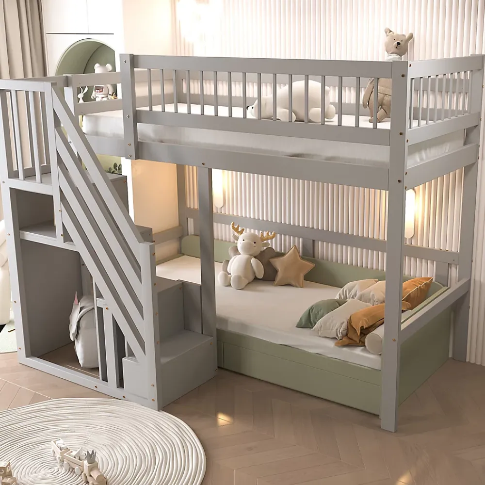 Okwish Lit Superposé 90x200 cm - Lit enfant avec Échelle et Rangement Intégré, Structure en Bois Massif, Sans Matelas - Gris*Enfant Lit Enfant