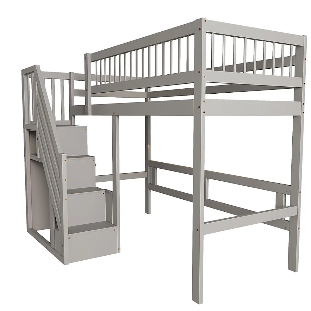 Okwish Lit Superposé 90x200 cm - Lit enfant avec Échelle et Rangement Intégré, Structure en Bois Massif, Sans Matelas - Gris*Enfant Lit Enfant