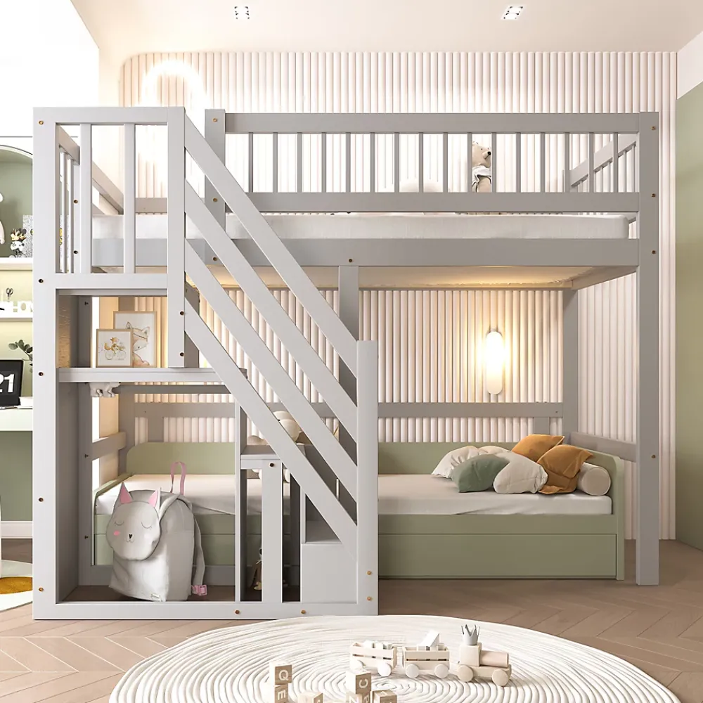 Okwish Lit Superposé 90x200 cm - Lit enfant avec Échelle et Rangement Intégré, Structure en Bois Massif, Sans Matelas - Gris*Enfant Lit Enfant