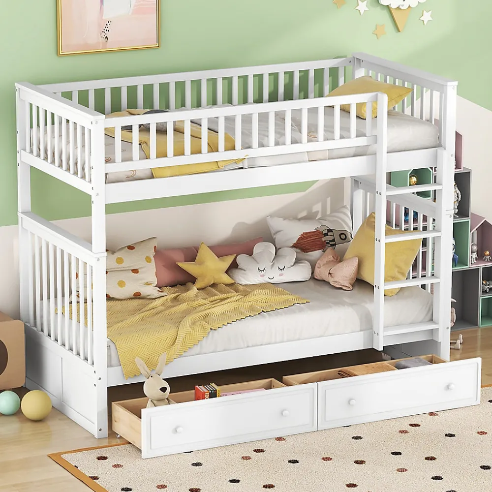 Lit Superposé 90x200 cm - Lit enfant avec 2 Tiroirs de Rangement - Bois de Pin et MDF Robuste - Blanc - Sans Matelas>Okwish