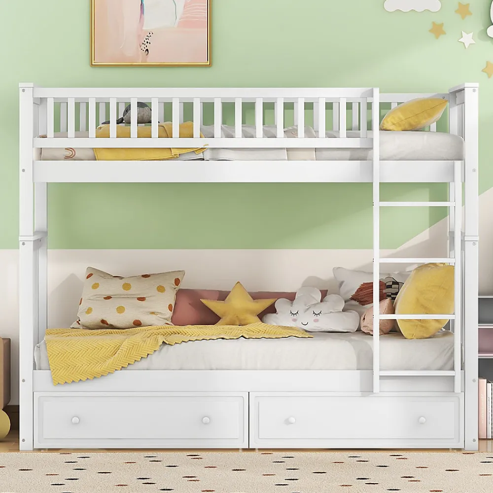 Lit Superposé 90x200 cm - Lit enfant avec 2 Tiroirs de Rangement - Bois de Pin et MDF Robuste - Blanc - Sans Matelas>Okwish