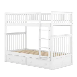 Lit Superposé 90x200 cm - Lit enfant avec 2 Tiroirs de Rangement - Bois de Pin et MDF Robuste - Blanc - Sans Matelas><noscript><img width=