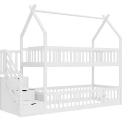 Okwish Lit superposé 90x200 cm - Lit enfant avec Rangement et Toit, Échelle de Sécurité et Garde-Corps, Sans Matelas - Bois Massif Blanc*Enfant Lit Enfant