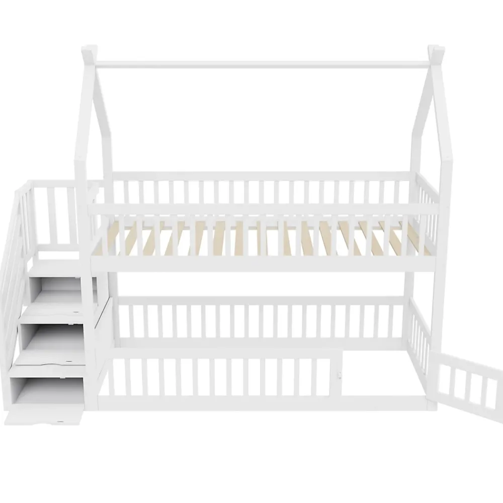 Okwish Lit superposé 90x200 cm - Lit enfant avec Rangement et Toit, Échelle de Sécurité et Garde-Corps, Sans Matelas - Bois Massif Blanc*Enfant Lit Enfant