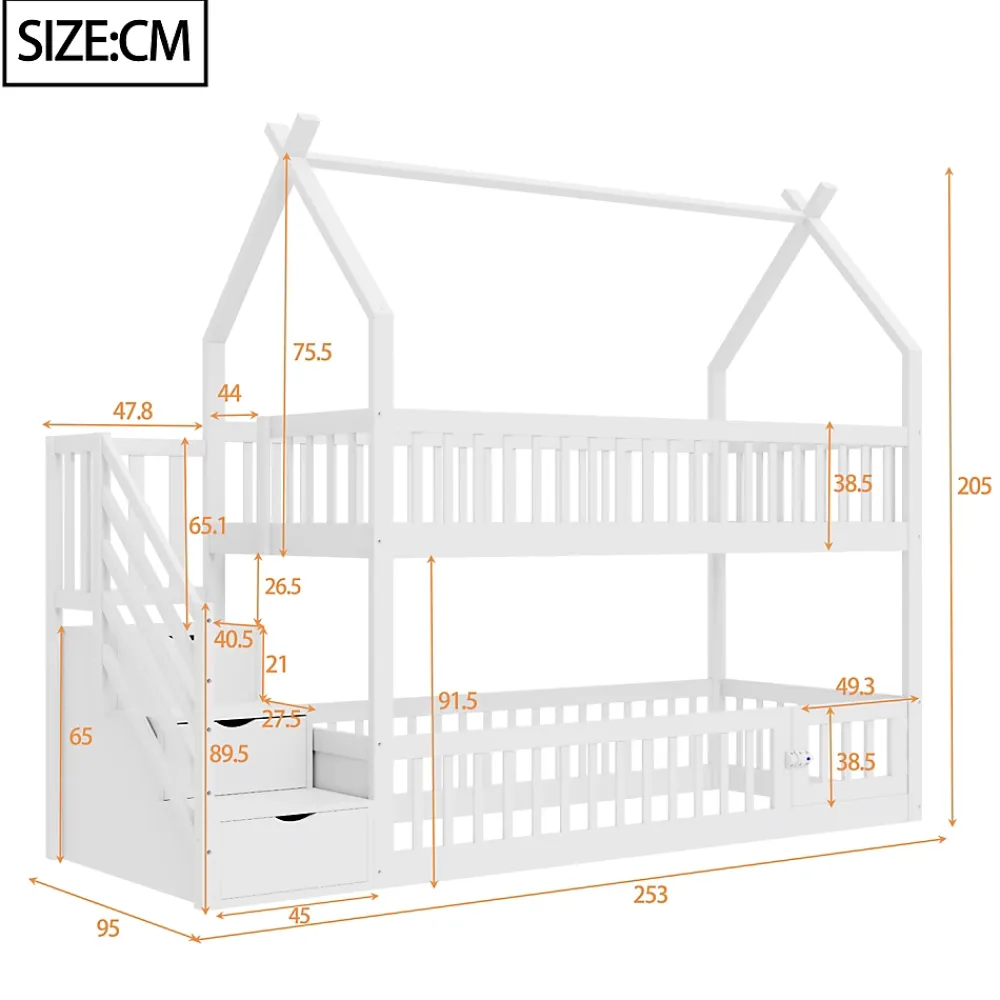 Okwish Lit superposé 90x200 cm - Lit enfant avec Rangement et Toit, Échelle de Sécurité et Garde-Corps, Sans Matelas - Bois Massif Blanc*Enfant Lit Enfant