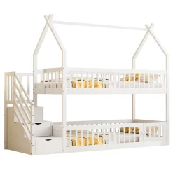 Okwish Lit superposé 90x200 cm - Lit enfant avec Rangement et Toit, Échelle de Sécurité et Garde-Corps, Sans Matelas - Bois Massif Blanc*Enfant Lit Enfant