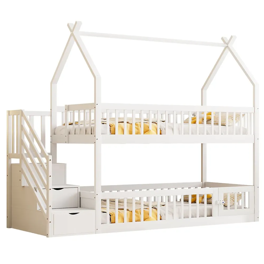 Okwish Lit superposé 90x200 cm - Lit enfant avec Rangement et Toit, Échelle de Sécurité et Garde-Corps, Sans Matelas - Bois Massif Blanc*Enfant Lit Enfant
