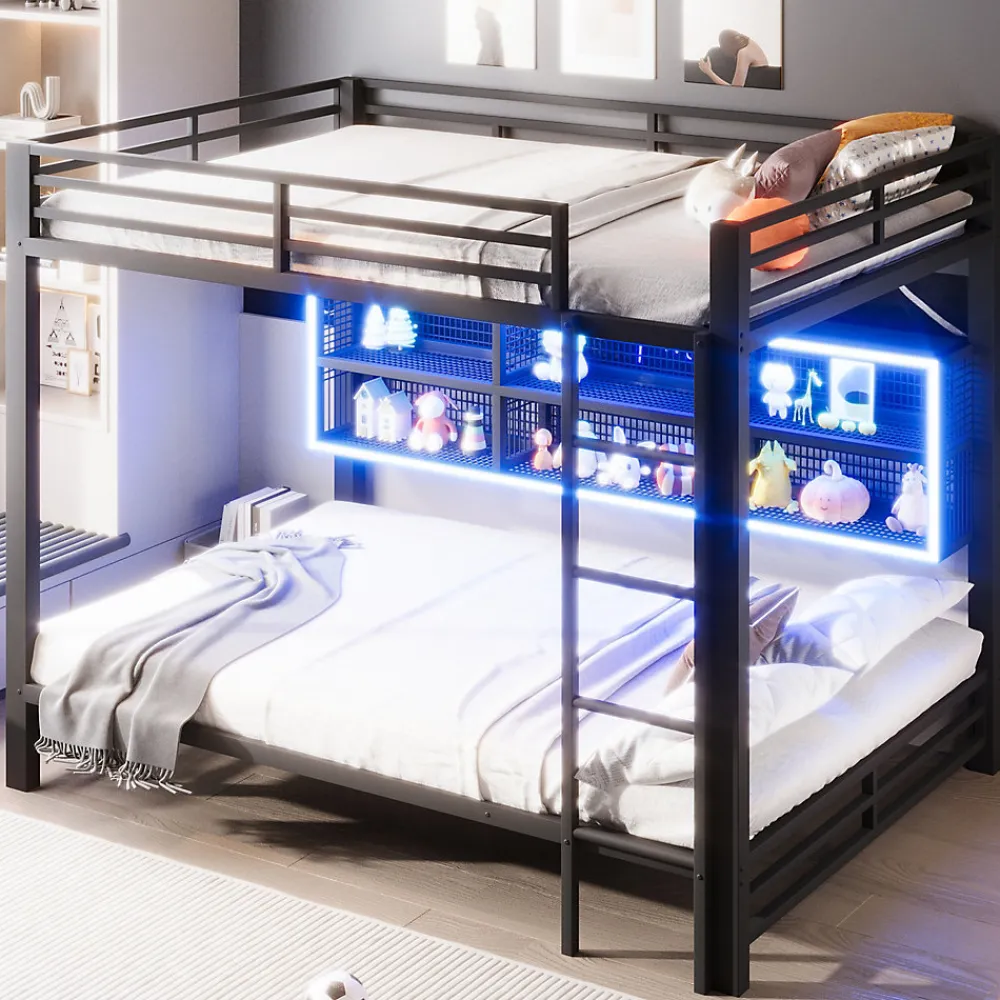 Lit Superposé 140x200 cm - Lit Enfant et Ado avec LED et Rangement, Étagères Intégrées, Sans Matelas, en Métal, Noir>Okwish Outlet