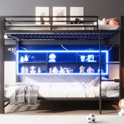 Lit Superposé 140x200 cm - Lit Enfant et Ado avec LED et Rangement, Étagères Intégrées, Sans Matelas, en Métal, Noir><noscript><img width=