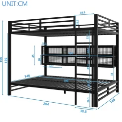 Lit Superposé 140x200 cm - Lit Enfant et Ado avec LED et Rangement, Étagères Intégrées, Sans Matelas, en Métal, Noir><noscript><img width=