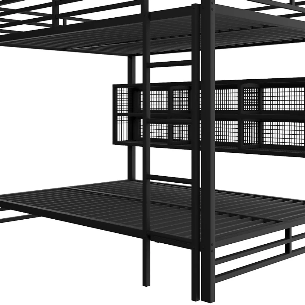 Lit Superposé 140x200 cm - Lit Enfant et Ado avec LED et Rangement, Étagères Intégrées, Sans Matelas, en Métal, Noir>Okwish Outlet