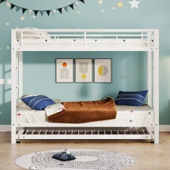 Lit Superposé 90x200 cm - Lit enfant avec Lit Gigogne Extensible, Garde-Corps Hauts, Métal, Blanc - Sans Matelas><noscript><img width=