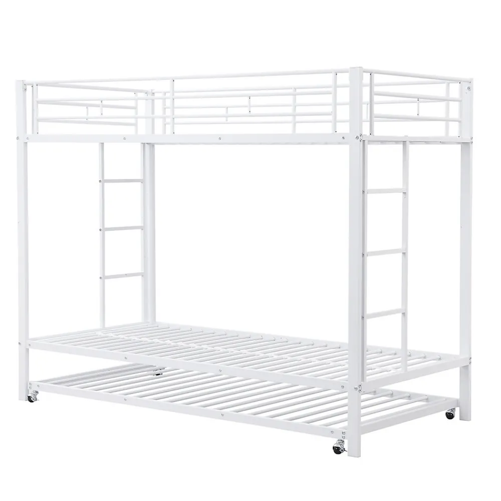 Lit Superposé 90x200 cm - Lit enfant avec Lit Gigogne Extensible, Garde-Corps Hauts, Métal, Blanc - Sans Matelas>Okwish Hot
