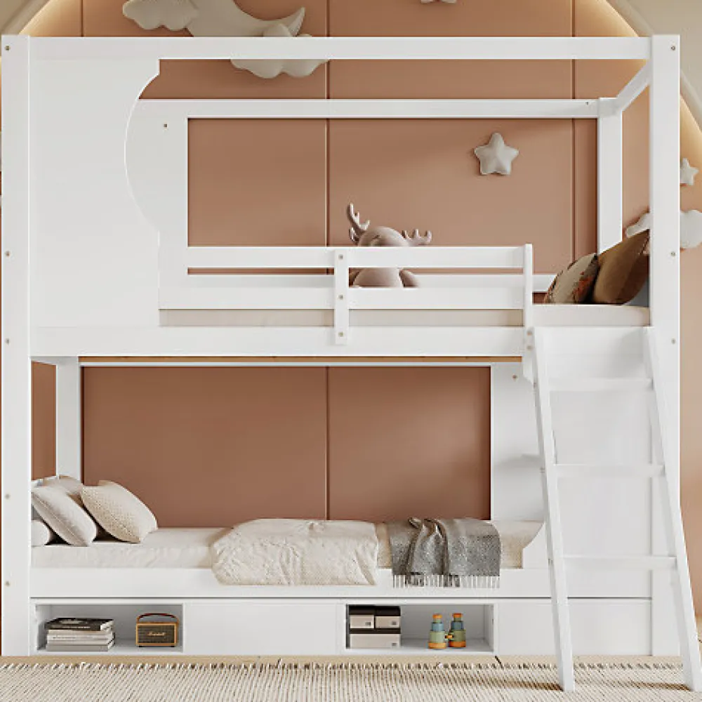 Lit Superposé 90x200 cm - Lit enfant Combiné avec Armoire, Table Pratique et Escalier Sécurisé - Grand Rangement - MDF Blanc>Okwish New