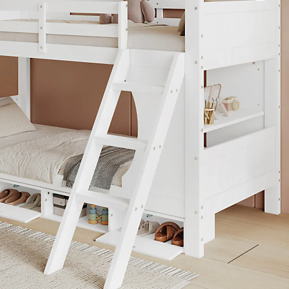 Lit Superposé 90x200 cm - Lit enfant Combiné avec Armoire, Table Pratique et Escalier Sécurisé - Grand Rangement - MDF Blanc>Okwish New