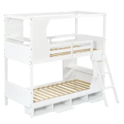 Lit Superposé 90x200 cm - Lit enfant Combiné avec Armoire, Table Pratique et Escalier Sécurisé - Grand Rangement - MDF Blanc><noscript><img width=