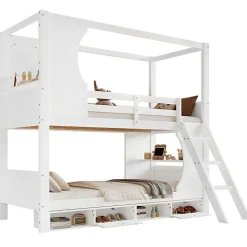 Lit Superposé 90x200 cm - Lit enfant Combiné avec Armoire, Table Pratique et Escalier Sécurisé - Grand Rangement - MDF Blanc><noscript><img width=