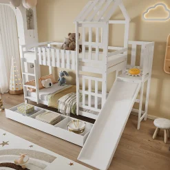 Lit superposé 90x200 cm - Lit enfant avec espacement de 92,8 cm - Bois massif + MDF - Sans matelas - Blanc>Okwish Discount
