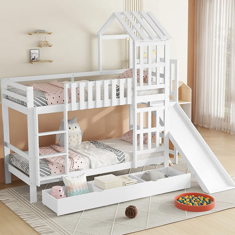Lit superposé 90x200 cm - Lit enfant avec espacement de 92,8 cm - Bois massif + MDF - Sans matelas - Blanc>Okwish Discount