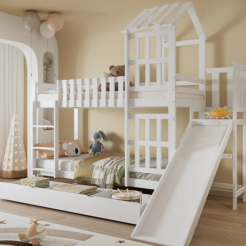 Lit superposé 90x200 cm - Lit enfant avec espacement de 92,8 cm - Bois massif + MDF - Sans matelas - Blanc>Okwish Discount