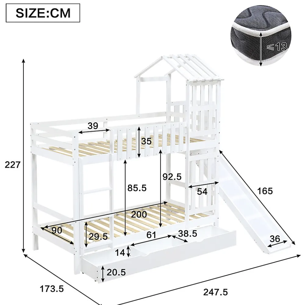Lit superposé 90x200 cm - Lit enfant avec espacement de 92,8 cm - Bois massif + MDF - Sans matelas - Blanc>Okwish Discount