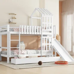 Lit superposé 90x200 cm - Lit enfant avec espacement de 92,8 cm - Bois massif + MDF - Sans matelas - Blanc><noscript><img width=