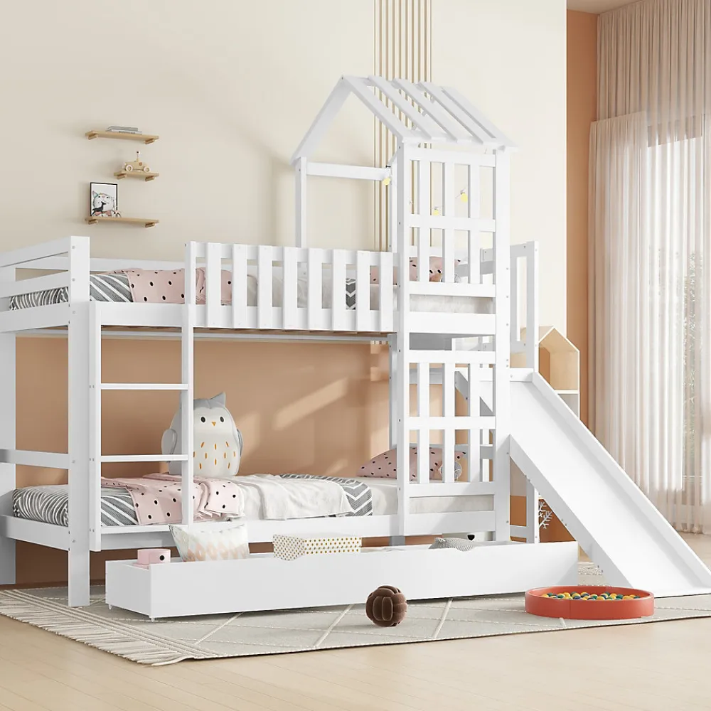 Lit superposé 90x200 cm - Lit enfant avec espacement de 92,8 cm - Bois massif + MDF - Sans matelas - Blanc>Okwish Discount
