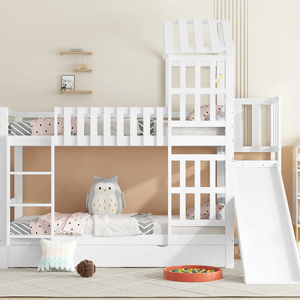 Lit superposé 90x200 cm - Lit enfant avec espacement de 92,8 cm - Bois massif + MDF - Sans matelas - Blanc>Okwish Discount