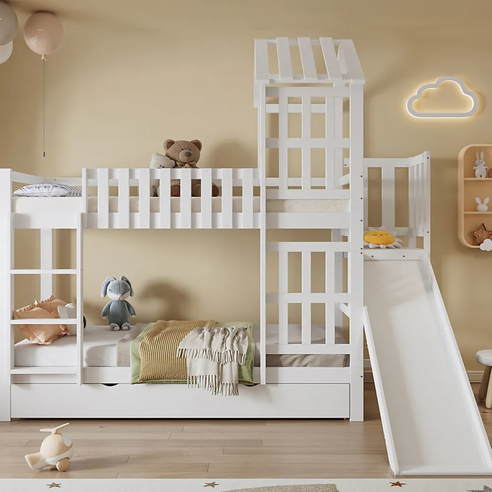 Lit superposé 90x200 cm - Lit enfant avec espacement de 92,8 cm - Bois massif + MDF - Sans matelas - Blanc>Okwish Discount