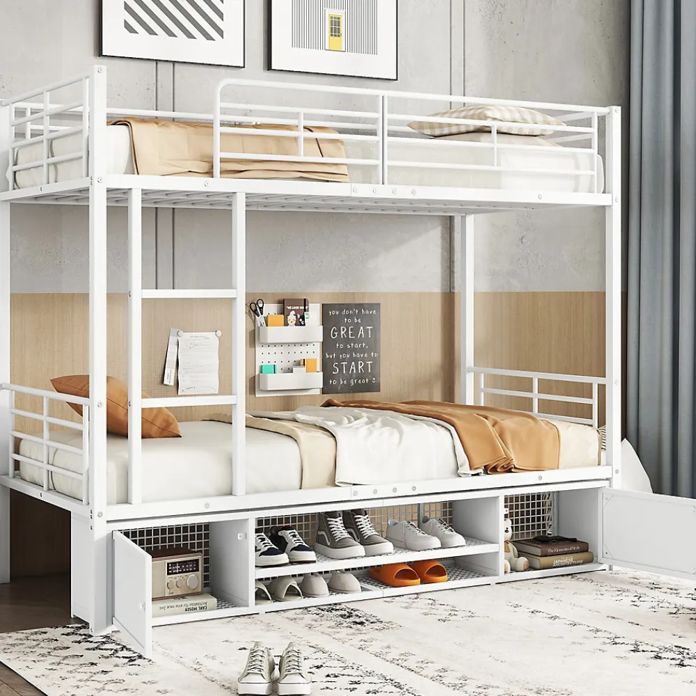 Lit Superposé 90x200 cm - Lit enfant en Métal avec Rangement Chaussures et 2 Tiroirs, Protection Latérale - Sans Matelas - Blanc>Okwish Clearance