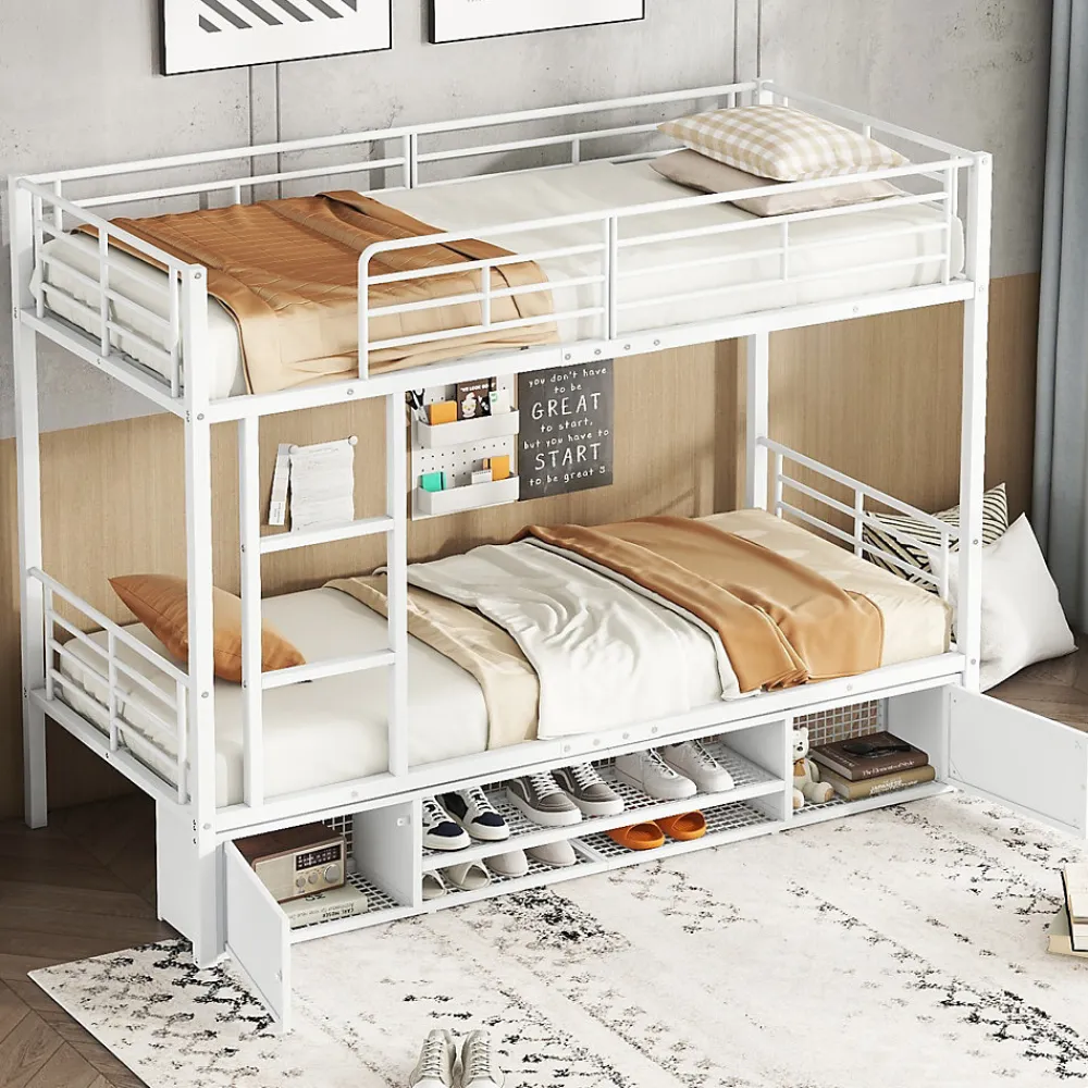 Lit Superposé 90x200 cm - Lit enfant en Métal avec Rangement Chaussures et 2 Tiroirs, Protection Latérale - Sans Matelas - Blanc>Okwish Clearance