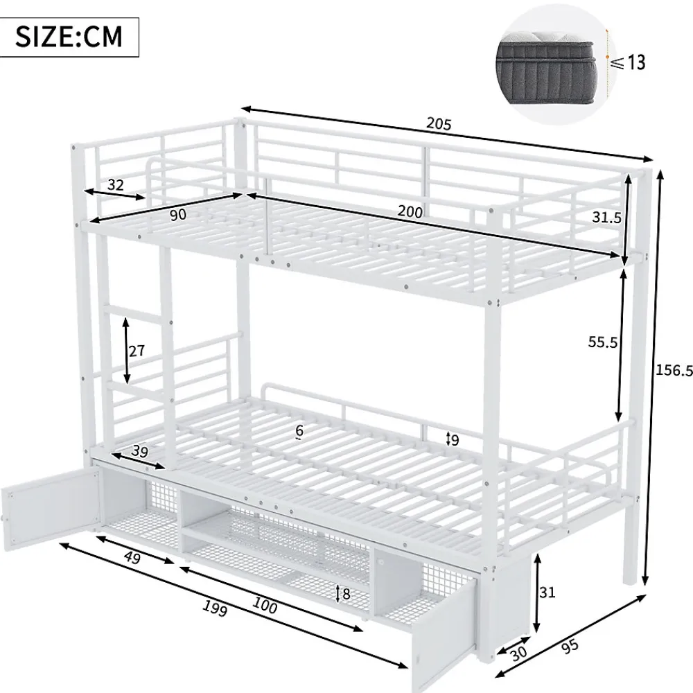 Lit Superposé 90x200 cm - Lit enfant en Métal avec Rangement Chaussures et 2 Tiroirs, Protection Latérale - Sans Matelas - Blanc>Okwish Clearance