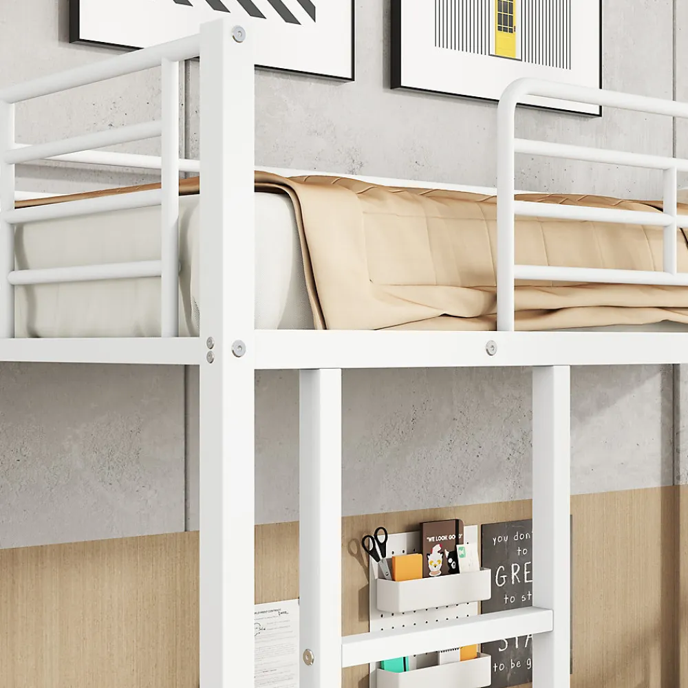 Lit Superposé 90x200 cm - Lit enfant en Métal avec Rangement Chaussures et 2 Tiroirs, Protection Latérale - Sans Matelas - Blanc>Okwish Clearance