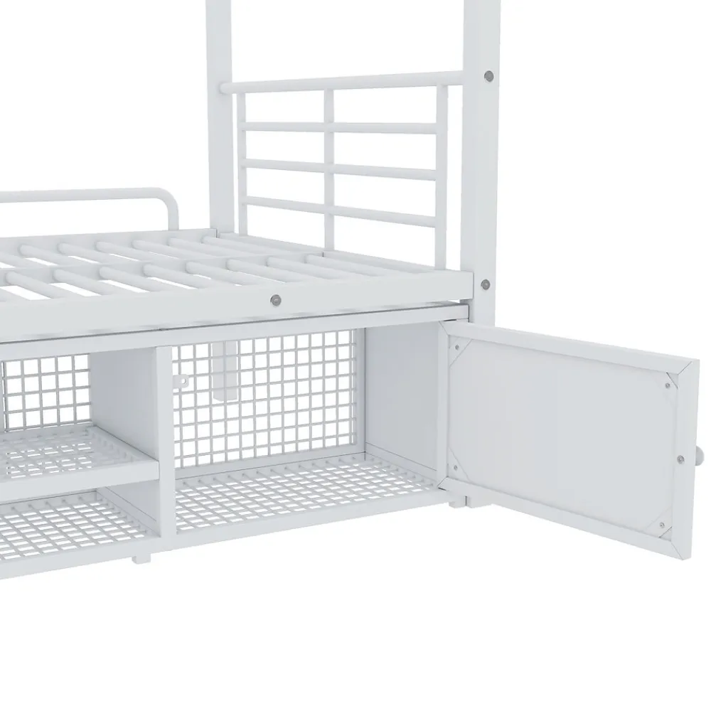 Lit Superposé 90x200 cm - Lit enfant en Métal avec Rangement Chaussures et 2 Tiroirs, Protection Latérale - Sans Matelas - Blanc>Okwish Clearance