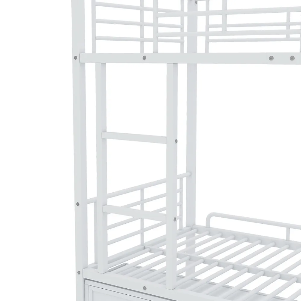 Lit Superposé 90x200 cm - Lit enfant en Métal avec Rangement Chaussures et 2 Tiroirs, Protection Latérale - Sans Matelas - Blanc>Okwish Clearance