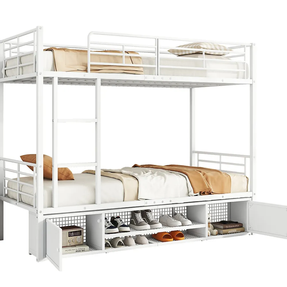 Lit Superposé 90x200 cm - Lit enfant en Métal avec Rangement Chaussures et 2 Tiroirs, Protection Latérale - Sans Matelas - Blanc>Okwish Clearance