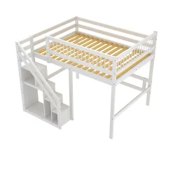 Lit superposé 140x200 cm - Lit enfant avec escalier et rangement - Pin massif + MDF - Sans matelas - Blanc><noscript><img width=