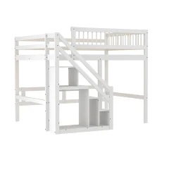 Lit superposé 140x200 cm - Lit enfant avec escalier et rangement - Pin massif + MDF - Sans matelas - Blanc><noscript><img width=